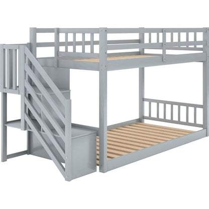 Twin over Twin Floor Bunk Bed, Ladder with Storage, Gray - Streamdale Furniture