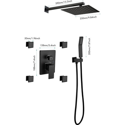 Shower System, 10-Inch Matte Black Full Body Shower System with Body Jets, Square Rainfall Shower Head, Handheld Shower, and 3 Functions Pressure Balance Shower Valve, Bathroom Luxury Faucet Set.