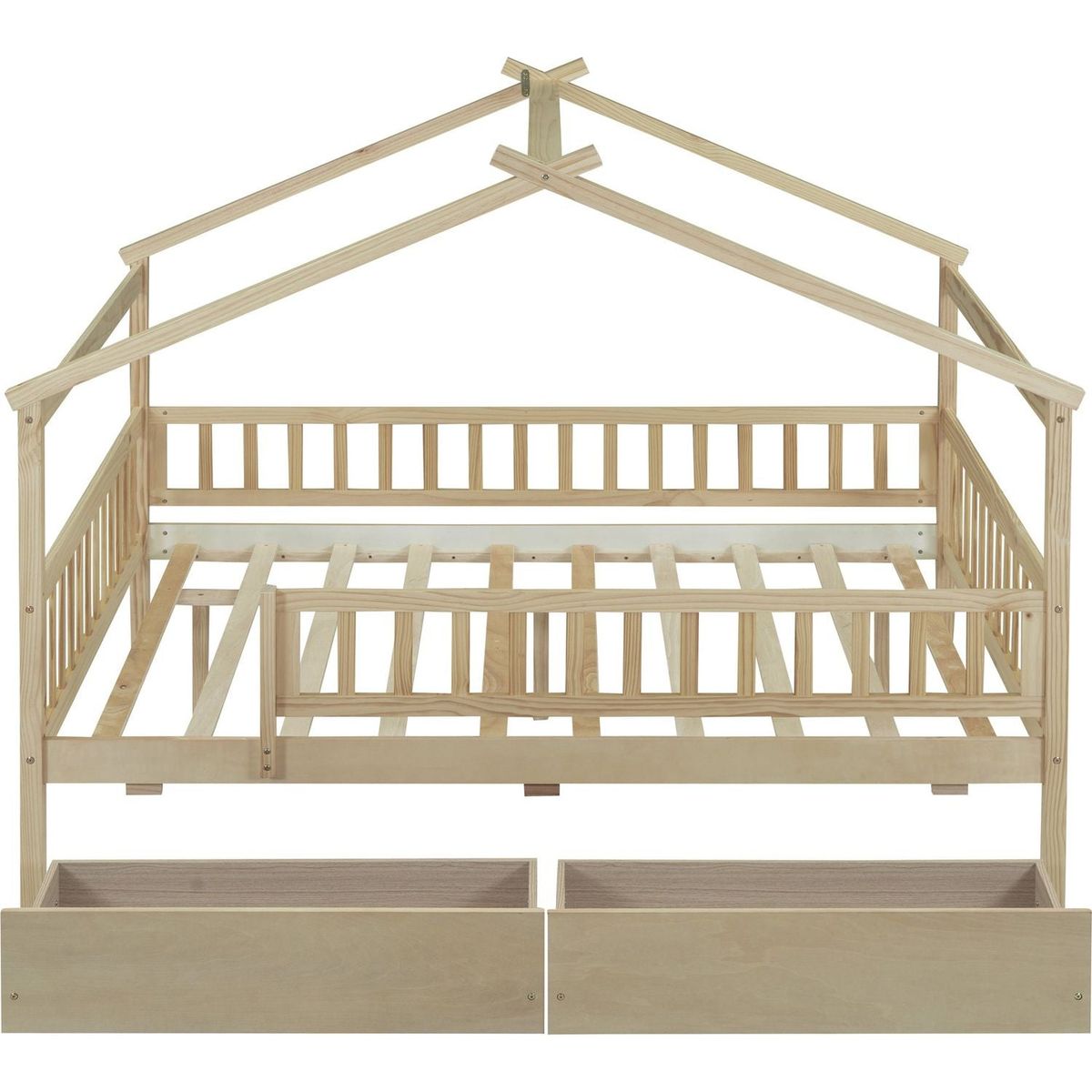 Full Size Wooden House Bed with Two Drawers, Natural