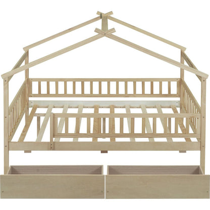Full Size Wooden House Bed with Two Drawers, Natural