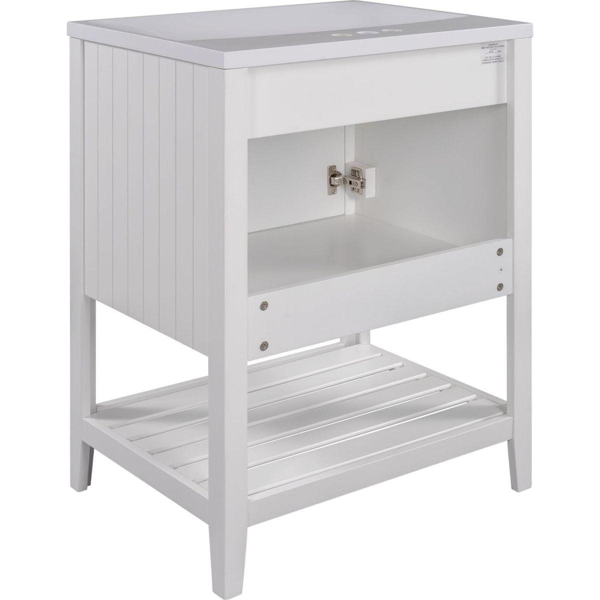 24" White Modern Sleek Bathroom Vanity Elegant Ceramic Sink with Solid Wood Frame Open Style Shelf