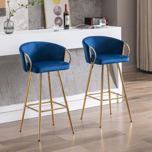 26 Inch Set of 2 Bar Stools, with Chrome Footrest Velvet + Golden Leg Simple Bar Stool, BLUE
