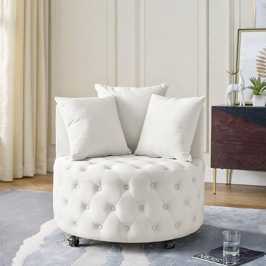 Velvet Upholstered Swivel Chair for Living Room, with Button Tufted Design and Movable Wheels, Including 3 Pillows, Beige