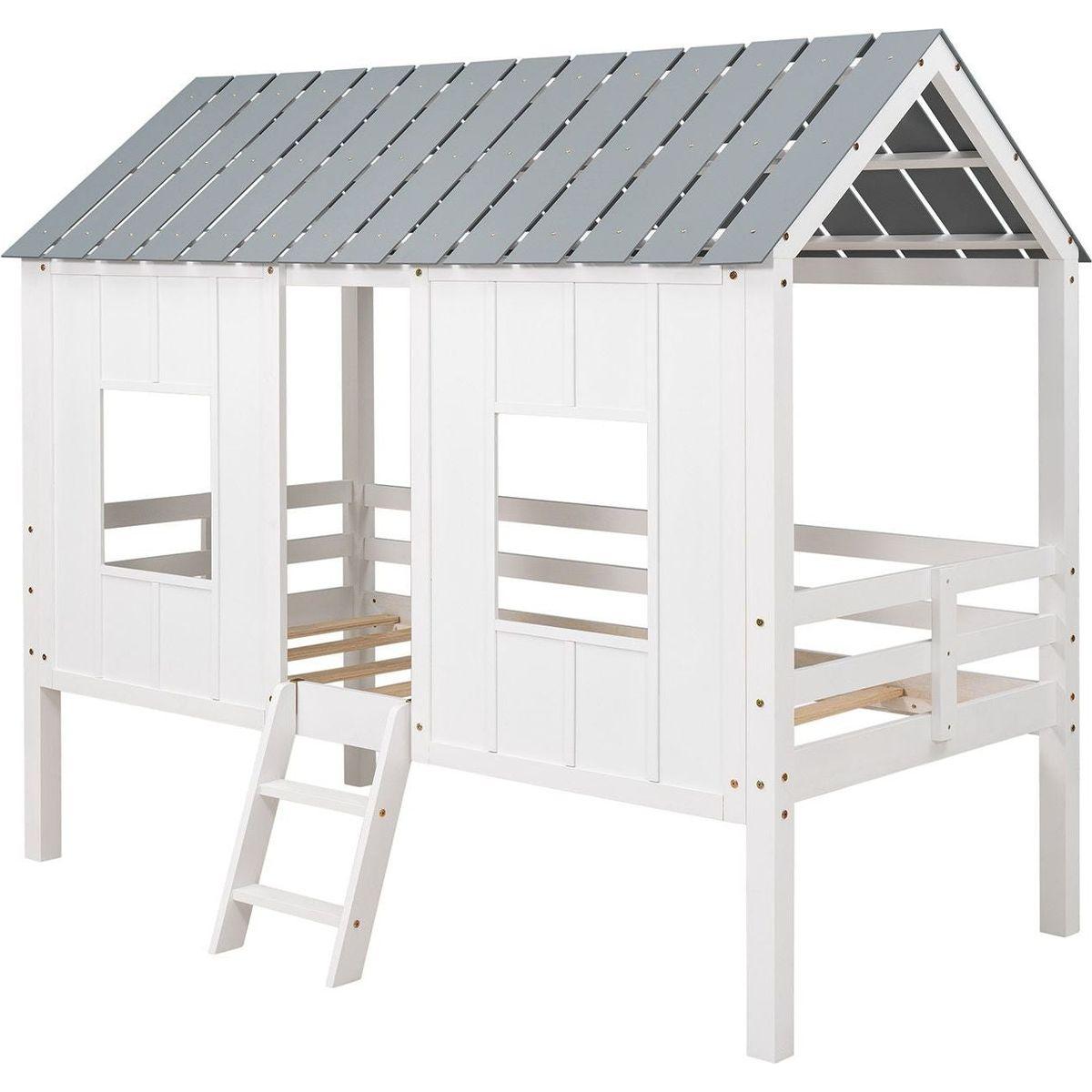 Twin Size Low Loft House Bed with Roof and Two Front Windows, White