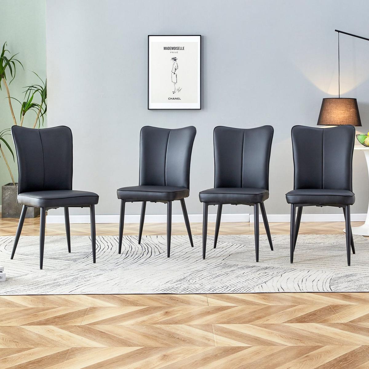 Modern minimalist dining chairs, black PU leather curved backrest and seat cushions, black metal chair legs, suitable for restaurants, bedrooms, and living rooms. A set of four chairs. 008