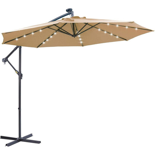 10 FT Solar LED Patio Outdoor Umbrella Hanging Cantilever Umbrella Offset Umbrella Easy Open Adustment with 32 LED Lights -taupe - Streamdale Furniture