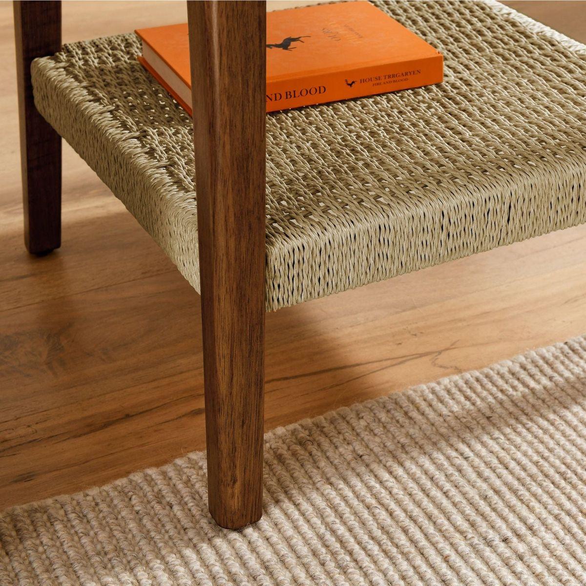 23" Mid-Century Side Table with Woven Shelf, Boho Side Table with Storage, Bedside Tables, Small Side Table for Living Room Couch Bedroom Patio Home Office - Streamdale Furniture