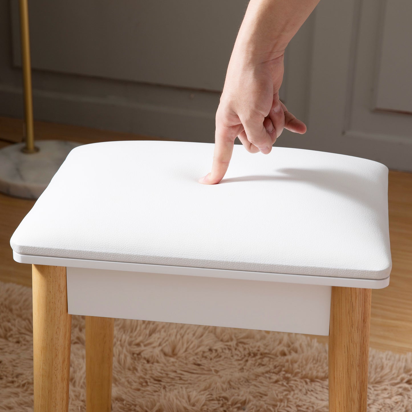 Wooden Vanity Stool Makeup Dressing Stool with PU Seat, White