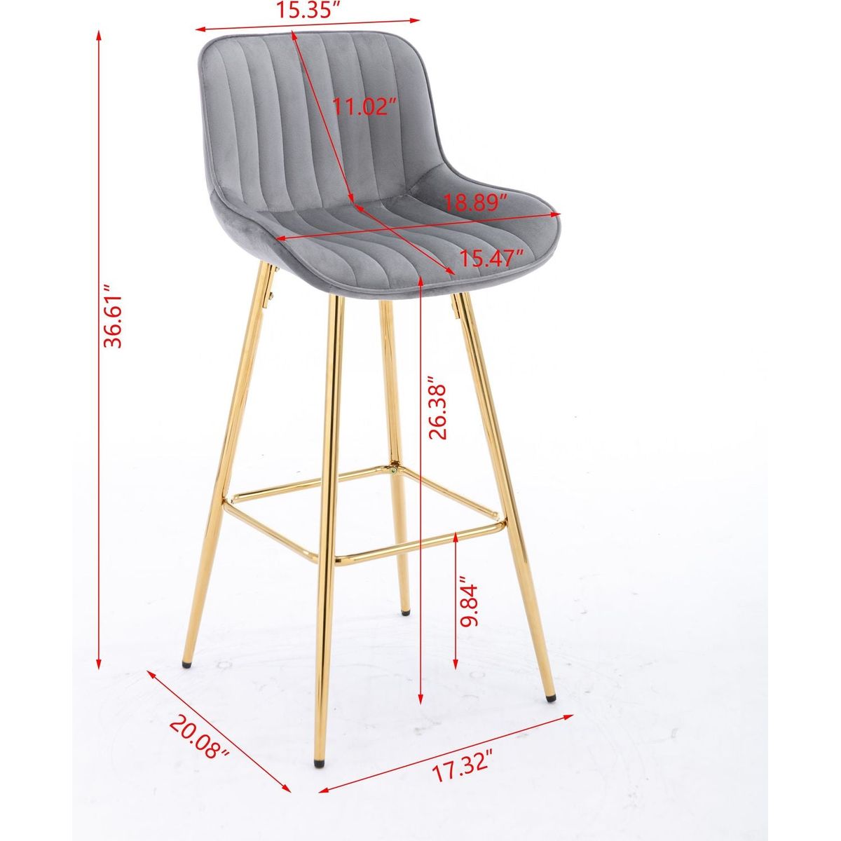 26 Inch Set of 2 Bar Stools, with Chrome Footrest Velvet Fabric Counter Stool Golden Leg Simple Bar Stool, GRAY