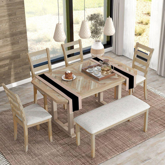 6-Piece Rubber Wood Dining Table Set with Beautiful Wood Grain Pattern Tabletop Solid Wood Veneer and Soft Cushion (Natural Wood Wash) - Streamdale Furniture