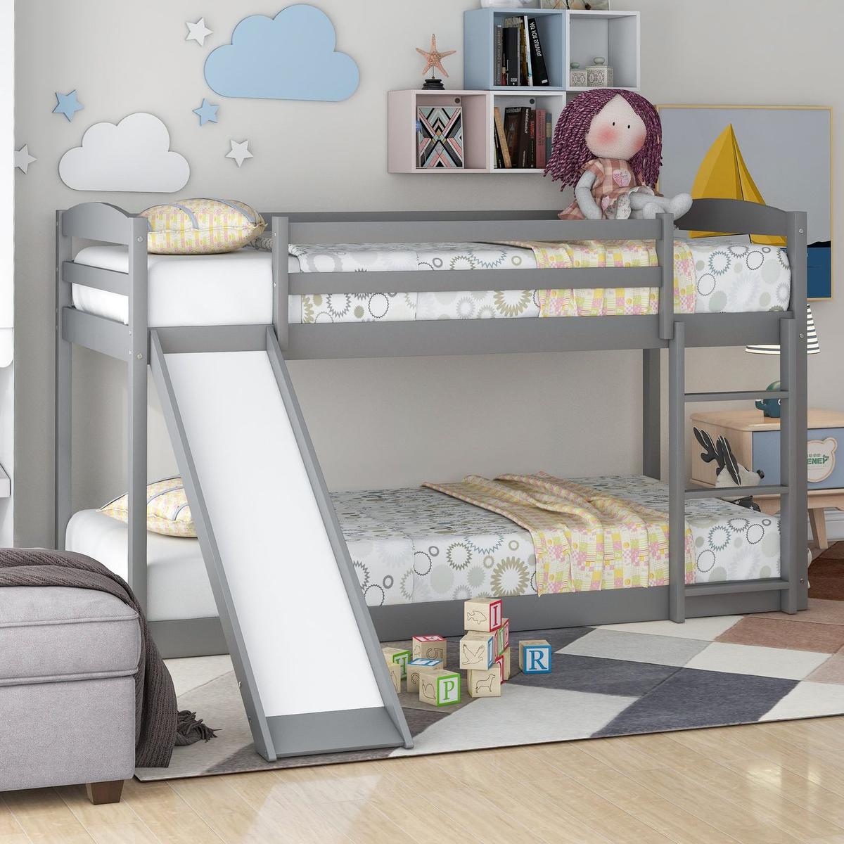 Twin over Twin Bunk Bed with Convertible Slide and Ladder, Gray