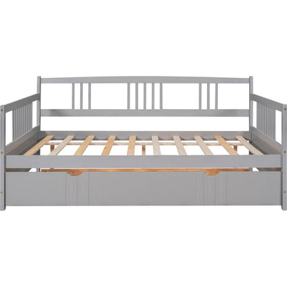 Full Size Daybed Wood Bed with Twin Size Trundle, Gray