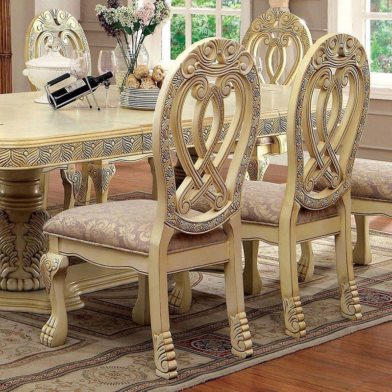 Formal Majestic Traditional Dining Chairs Vintage White Solid wood Fabric Seat Intricate Carved Details Set of 2 Side Chairs