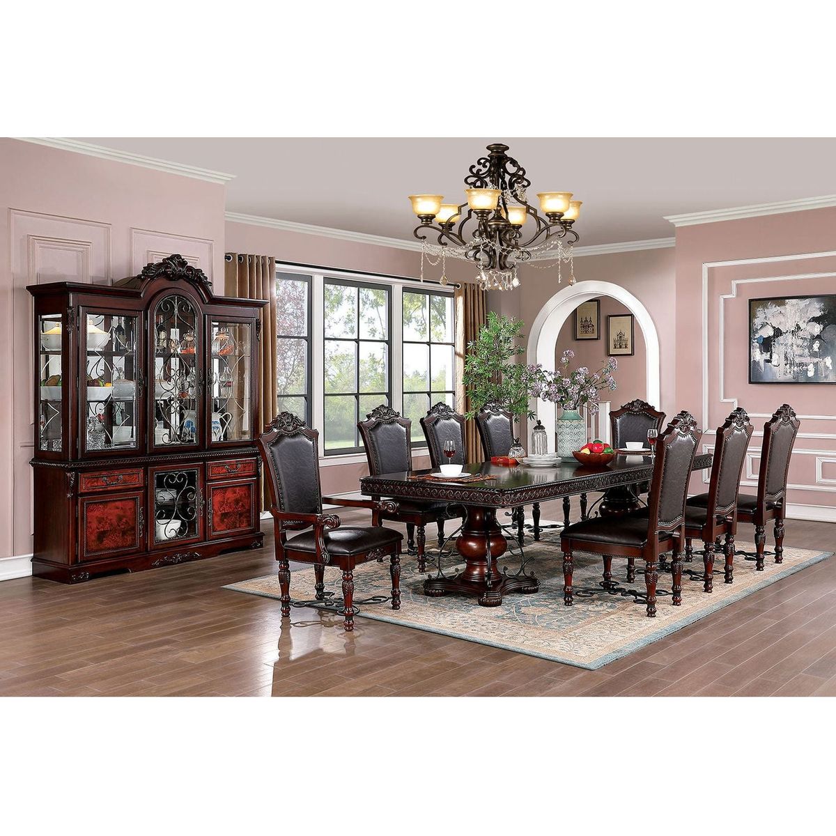 Majestic Traditional Set of 2pcs Side Chairs Brown Cherry Solid wood Faux Wood Carved Details Black Leatherette Seats Formal Dining Room Furniture