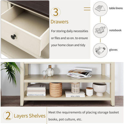 Retro Design Console Table with Two Open Shelves, Pine Solid Wood Frame and Legs for Living Room (Espresso+Beige)