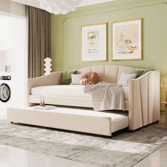 Upholstered Daybed Sofa Bed Twin Size With Trundle Bed and Wood Slat, Beige - Streamdale Furniture