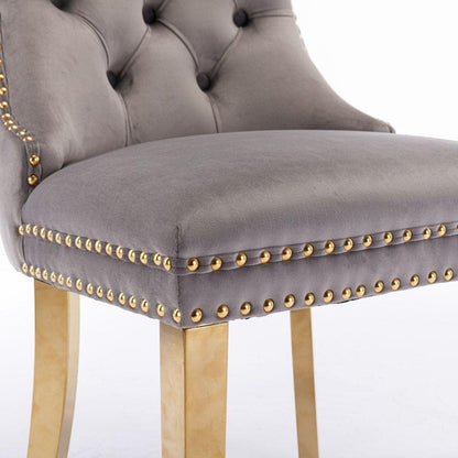 Nikki Collection Modern, High-end Tufted Solid Wood Contemporary Velvet Upholstered Dining Chair with Golden Stainless Steel Plating Legs,Nailhead Trim,Set of 2,Gray and Gold