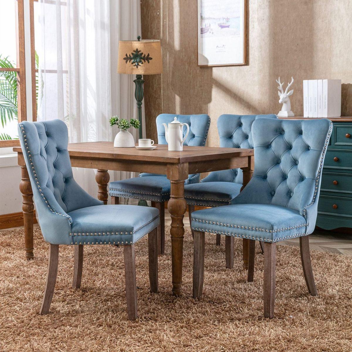 Nikki Collection Modern, High-end Tufted Solid Wood Contemporary Velvet Upholstered Dining Chair with Wood Legs Nailhead Trim 2-Pcs Setight Blue