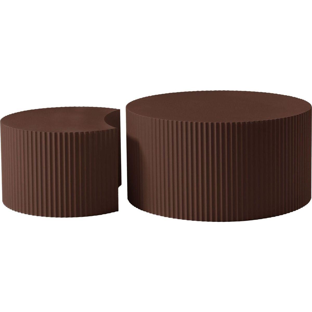 Handcrafted Relief MDF Nesting Table Set of 2, Round and Half Moon Shapes, Brown, No Need Assembly