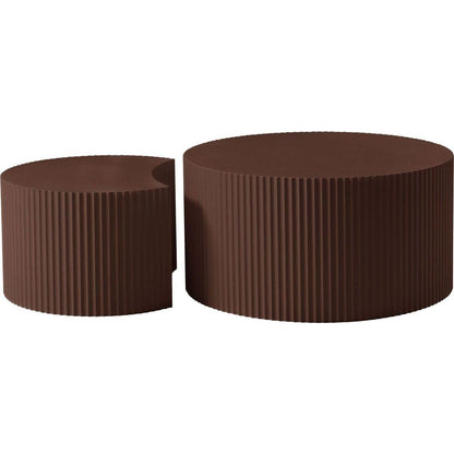 Handcrafted Relief MDF Nesting Table Set of 2, Round and Half Moon Shapes, Brown, No Need Assembly