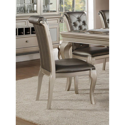 Crystal Button-Tufted Side Chairs 2pc Set Silver Finish Wood Frame Gray Faux Leather Upholstered Dining Furniture