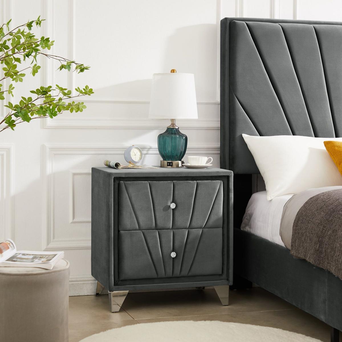 Full bed with two nightstands, Beautiful line stripe cushion headboard, strong wooden slats + metal legs with Electroplate