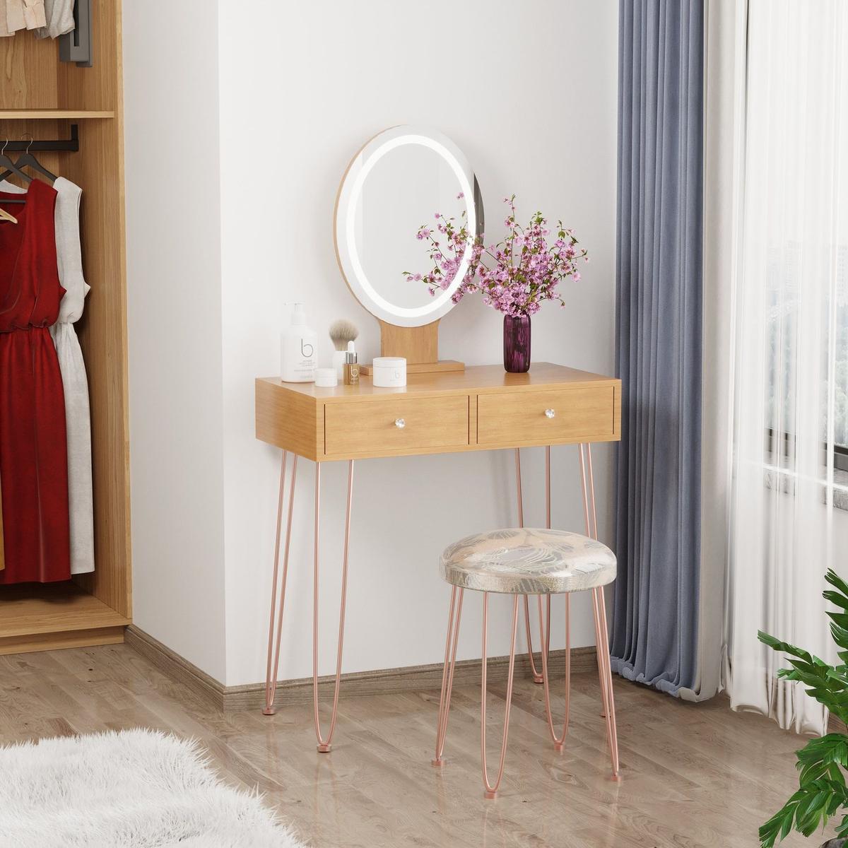 Dressing Table White Vanity Set with 3-Color Dimmable Lighted Mirror Makeup Desk with 2 Drawers and Yellow Padded Stool