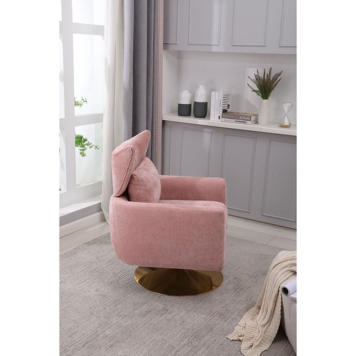 Classic Mid-Century 360-degree Swivel Accent Chair, Pink Linen