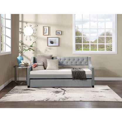 Twin Size Upholstered Daybed with Trundle, Sturdy Wood Bedframe w/ Bedframe Tufted Button & Copper Nail on Arms Design, Perfect for Bedroom, Guest Room Furniture, No Box Spring Needed