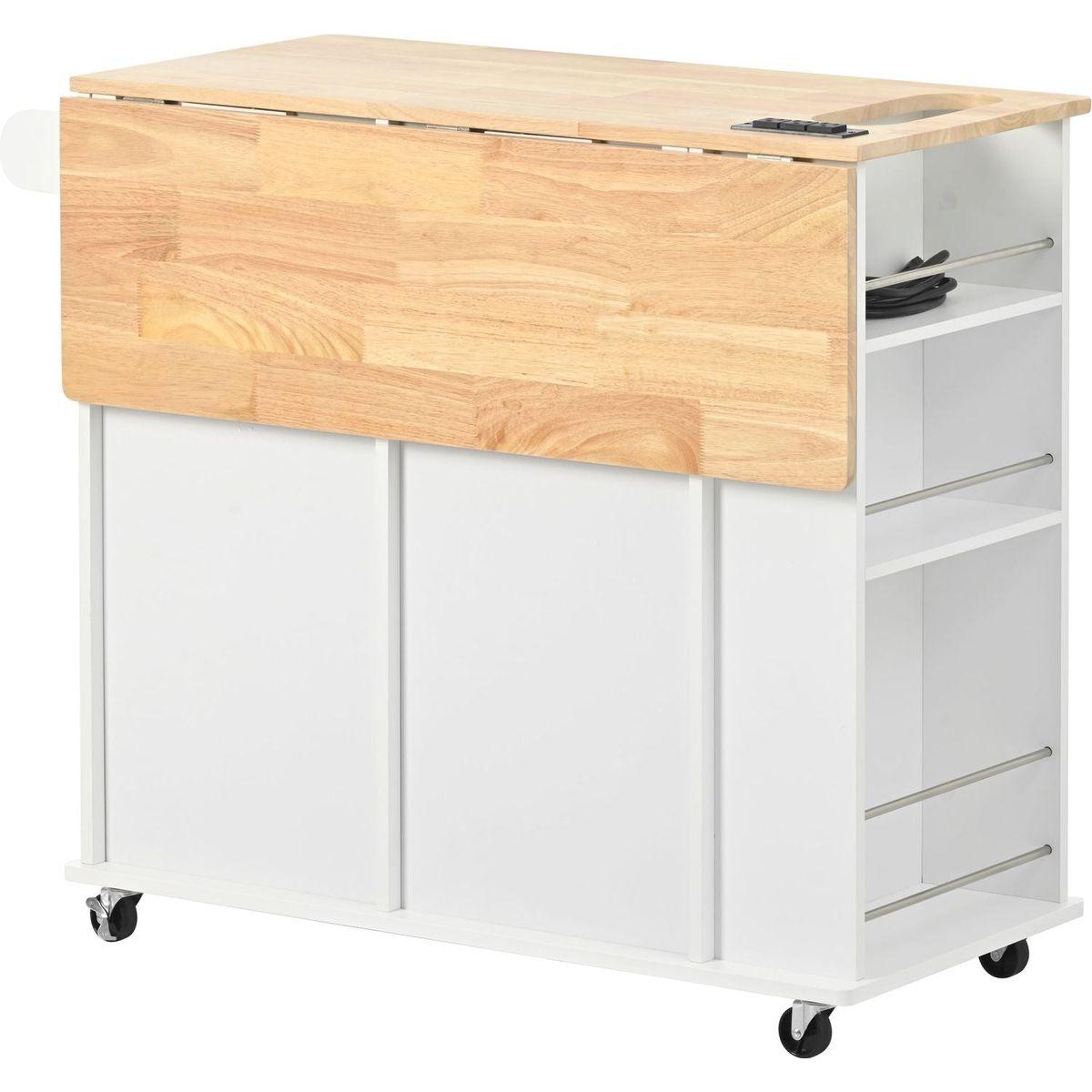 Kitchen Island with Power Outlet,Kitchen Storage Island with Drop Leaf and Rubber Wood,Open Storage and Wine Rack,5 Wheels,with Adjustable Storage for Home, Kitchen, and Dining Room,White