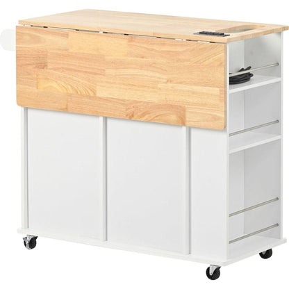 Kitchen Island with Power Outlet,Kitchen Storage Island with Drop Leaf and Rubber Wood,Open Storage and Wine Rack,5 Wheels,with Adjustable Storage for Home, Kitchen, and Dining Room,White