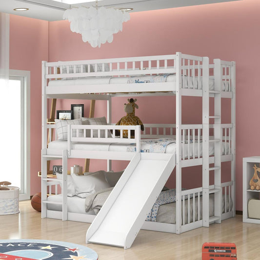 Full-Over-Full-Over-Full Triple Bed with Built-in Ladder and Slide, Triple Bunk Bed with Guardrails, White