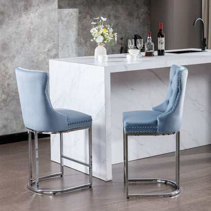 26" Counter Height Bar Stools Set of 2, Modern Velvet Barstools with Button Back&Rivet Trim Upholstered Kitchen Island Chairs with Sturdy Chromed Metal Base Legs Farmhouse Bar Stools, Light Blue, 2 Pack