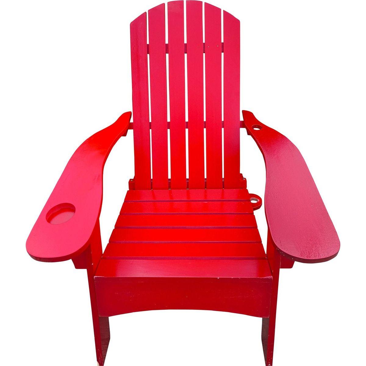 Outdoor or indoor Wood Adirondack chair with an hole to hold umbrella on the arm, red