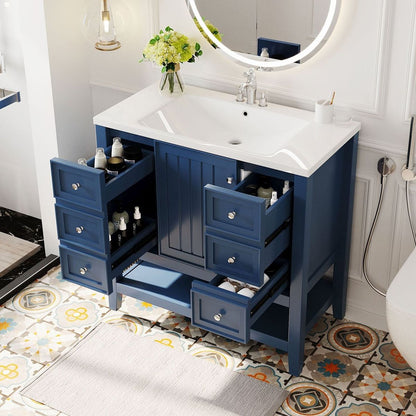 36" Bathroom Vanity with Sink Combo, One Cabinet and Three Drawers, Solid Wood and MDF Board, Blue