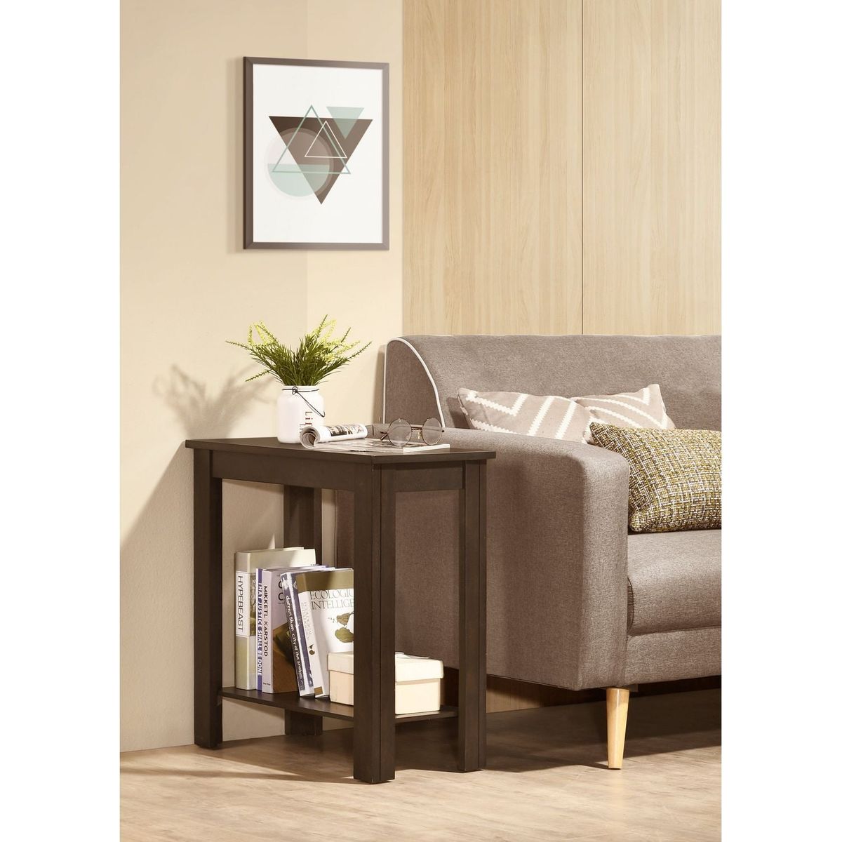 Contemporary Chairside Table with Open Bottom Shelf 1Pc Side Table Charcoal Finish Flat Table Top Solid Wood Wooden