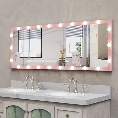 Hollywood Full Length Mirror with Lights Full Body Vanity Mirror with 3 Color Modes Wall Lighted Standing Floor Mirror for Dressing Room Bedroom Hotel Touch Control Pink 62.6"x23.3" - Streamdale Furniture