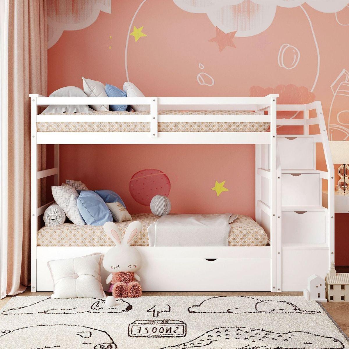 Twin-Over-Twin Bunk Bed with Twin Size Trundle and 3 Storage Stairs, White - Streamdale Furniture