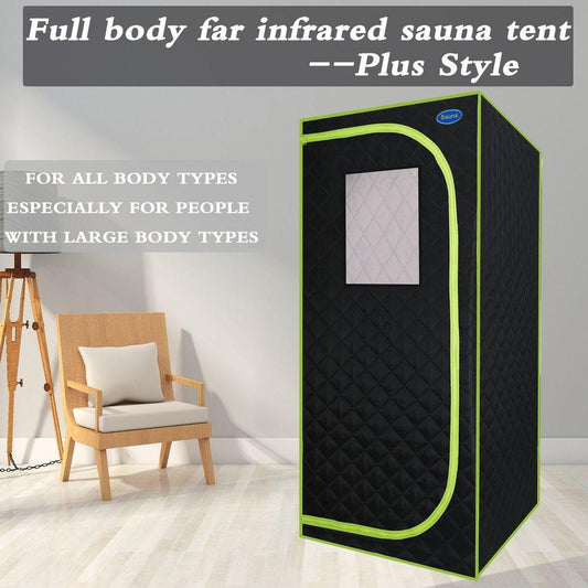 Portable Plus Type Full Size Far Infrared Sauna tent. Spa, Detox, Therapy and Relaxation at home.Larger Space, Stainless Steel Pipes Connector Easy to Install, with FCC Certification--Black