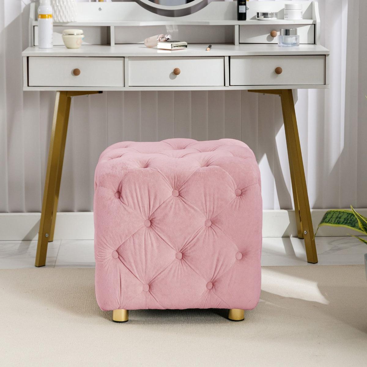 Pink Modern Velvet Upholstered Ottoman, Exquisite Small End Table, Soft Foot Stool, Dressing Makeup Chair, Comfortable Seat for Living Room, Bedroom, Entrance