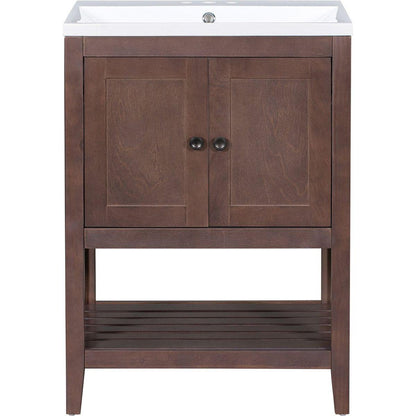 24" Brown Modern Sleek Bathroom Vanity Elegant Ceramic Sink with Solid Wood Frame Open Style Shelf