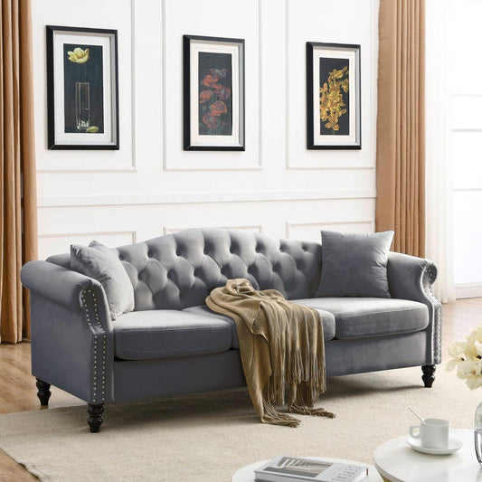 79" Chesterfield Sofa Grey Velvet for Living Room, 3 Seater Sofa Tufted Couch with Rolled Arms and Nailhead for Living Room, Bedroom, Office, Apartment, two pillows