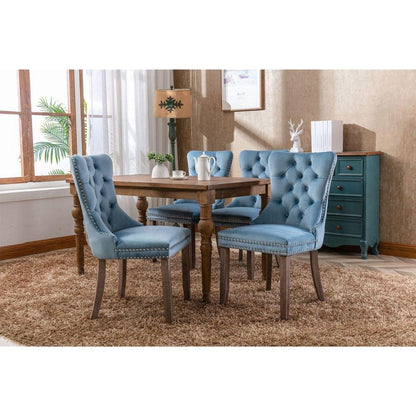 Nikki Collection Modern, High-end Tufted Solid Wood Contemporary Velvet Upholstered Dining Chair with Wood Legs Nailhead Trim 2-Pcs Setight Blue