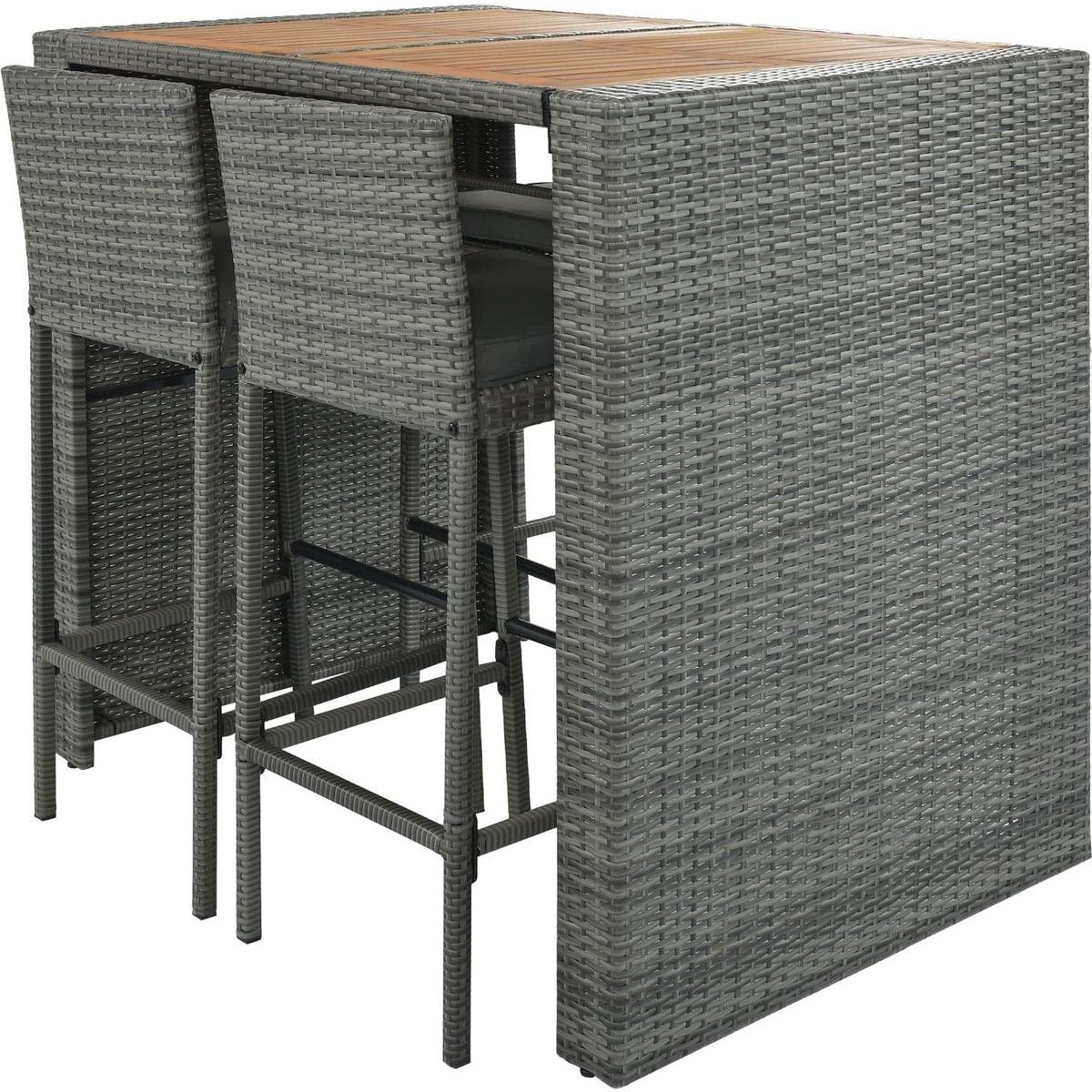 GO 5-pieces Outdoor Patio Wicker Bar Set, Bar Height Chairs With Non-Slip Feet And Fixed Rope, Removable Cushion, Acacia Wood Table Top, Brown Wood And Gray Wicker