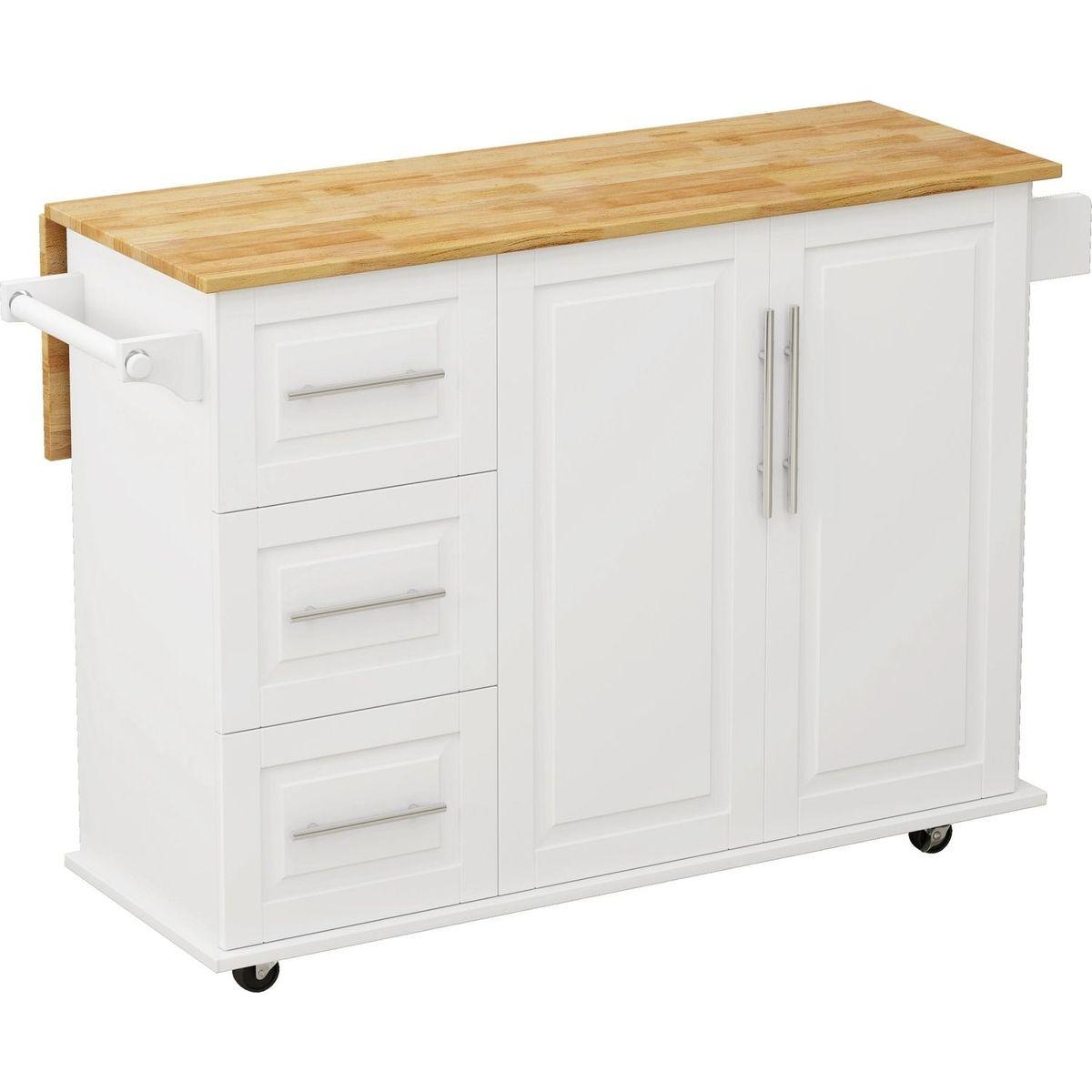 Kitchen Island Cart with 2 Door Cabinet and Three Drawers, 43.31 Inch Width with Spice Rack, Towel Rack (White)