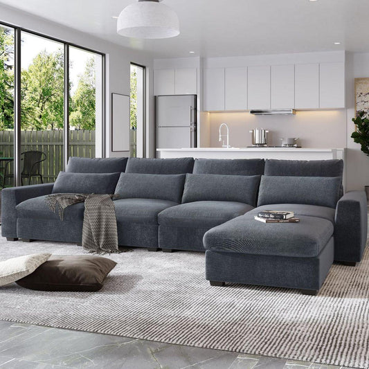 Modern Large L-Shape Feather Filled Sectional Sofa, Convertible Sofa Couch with Reversible Chaise for Living Room