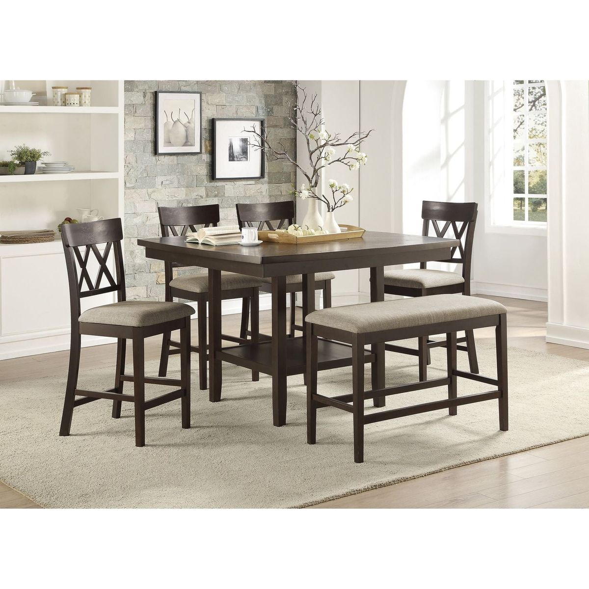 Dark Brown Finish Counter Height Chairs 2pc Set Double X-Back Design Lenin-like Fabric Padded Seat Dining Furniture