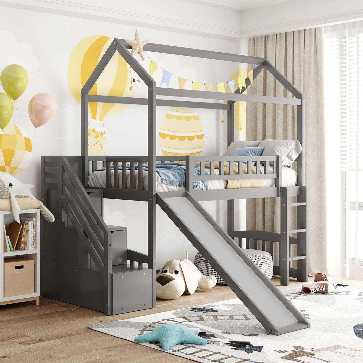 Twin Loft Bed with Two Drawers and Slide, House Bed with Slide, Gray