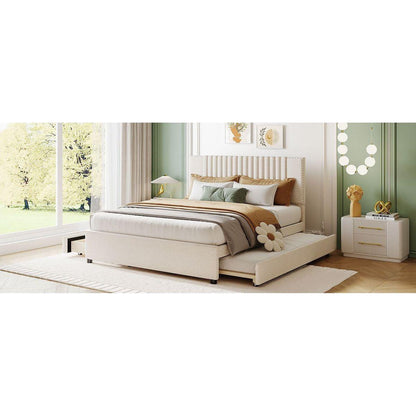 Queen Size Upholstered Platform Bed with 2 Drawers and 1 Twin XL Trundle, Classic Headboard Design, Beige