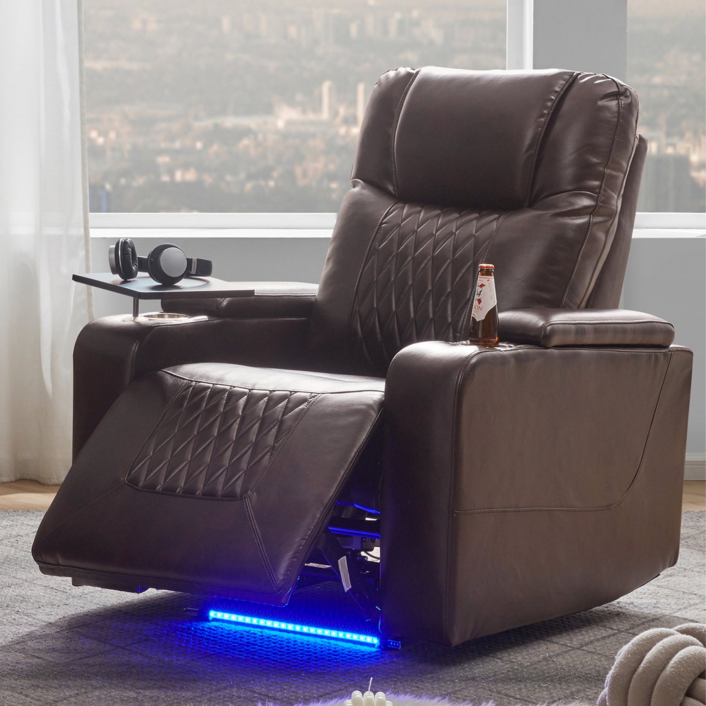 Power Motion Recliner with USB Charging Port and Hidden Arm Storage 2 Convenient Cup Holders Design and 360 degree Swivel Tray Table, Brown